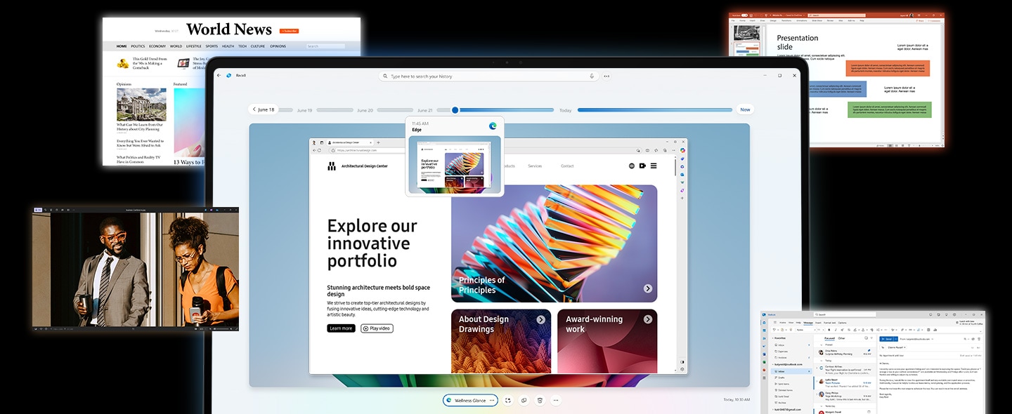Se abre una colorida imagen abstracta en la aplicación Adobe Photoshop y se muestran capturas de pantalla de Recall mostrando los resultados de búsqueda de diferentes consultas y la selección en la línea de tiempo. Incluye una página web, una imagen, una presentación de Power Point y un email.