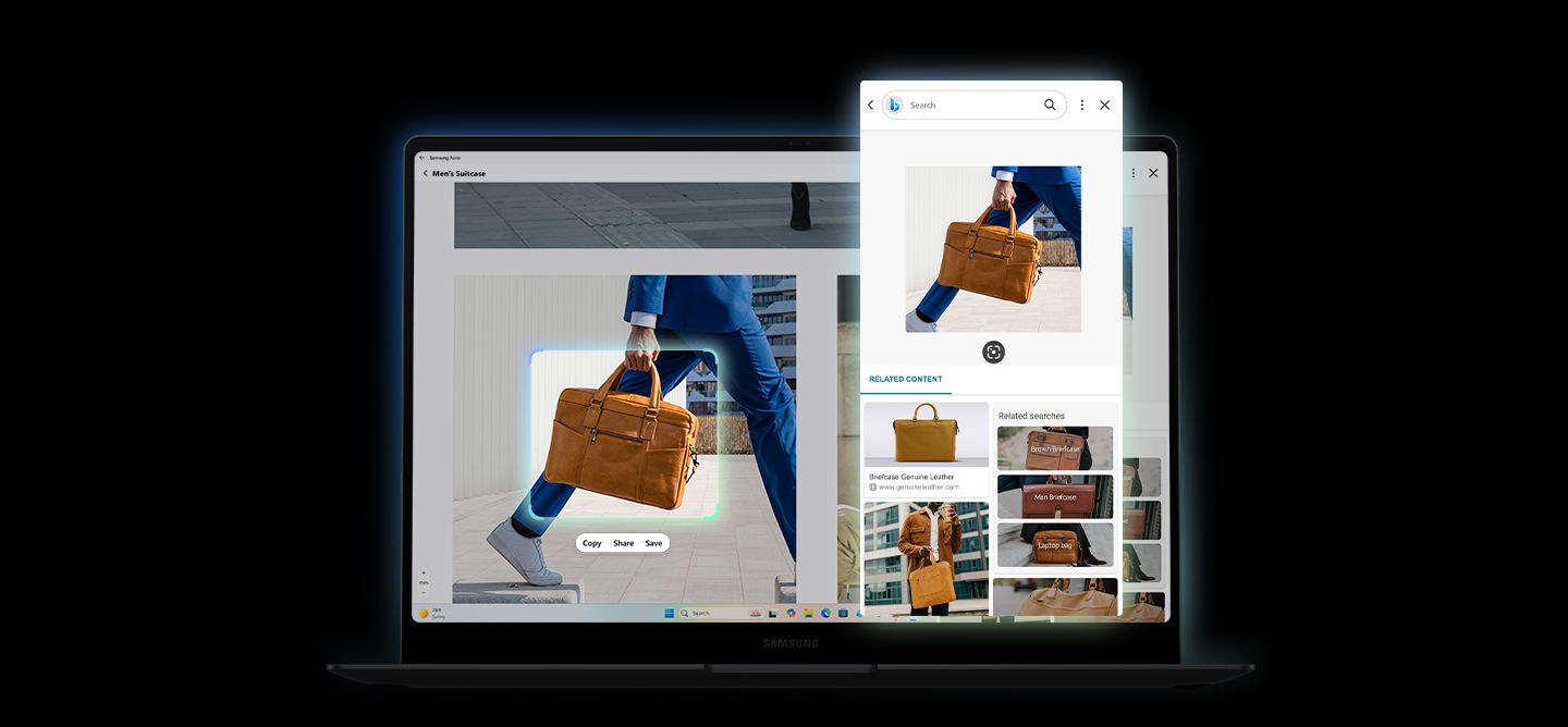 Se muestra una maleta marrón trazada en la pantalla del Galaxy Book5 Pro usando AI Select. Se muestran los resultados de la búsqueda con contenido relevante en la pantalla.