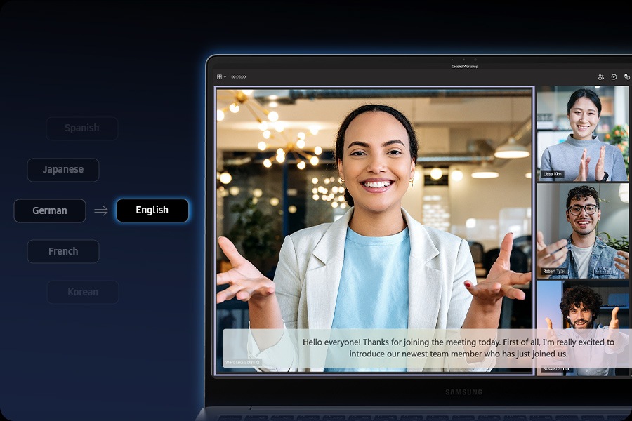 Galaxy Book5 Pro está abierto, orientado hacia delante con una videollamada de grupo de Microsoft Teams con 4 participantes abierta en pantalla. Se activan los subtítulos en directo con traducción automática en tiempo real del alemán al inglés y se muestran los subtítulos en inglés en la pantalla.