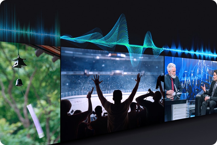 Les trois téléviseurs diffusent le son différemment, comme l'indiquent les barres audio situées au-dessus des téléviseurs, optimisées pour le type de contenu diffusé.