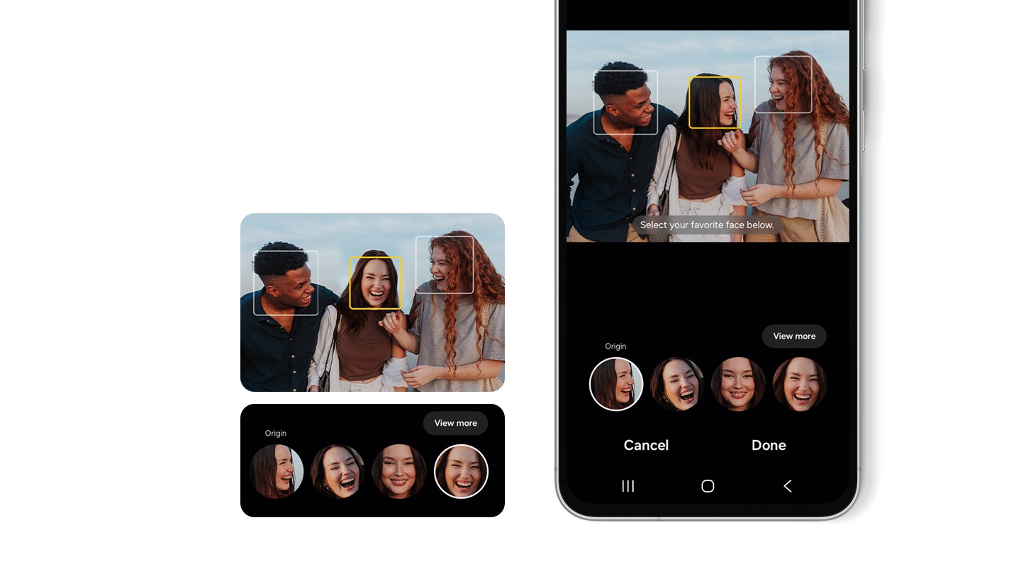 On the left is GUI of Best Face feature. On the right is part of Galaxy A56 5G with Best Face feature onscreen. Each face of three people is in a box with text Select your favorite face below.