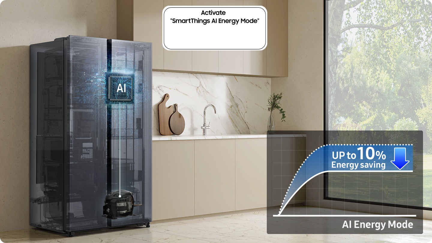 The refrigerator installed in the kitchen with the Activate “SmartThings AI Energy Mode” button ON. The AI Energy Mode is turned on, AI activated to check internal and manage the compressor, and a graph shows the UP to 10% Energy Saving effect when in AI Energy Mode compared to Normal mode.