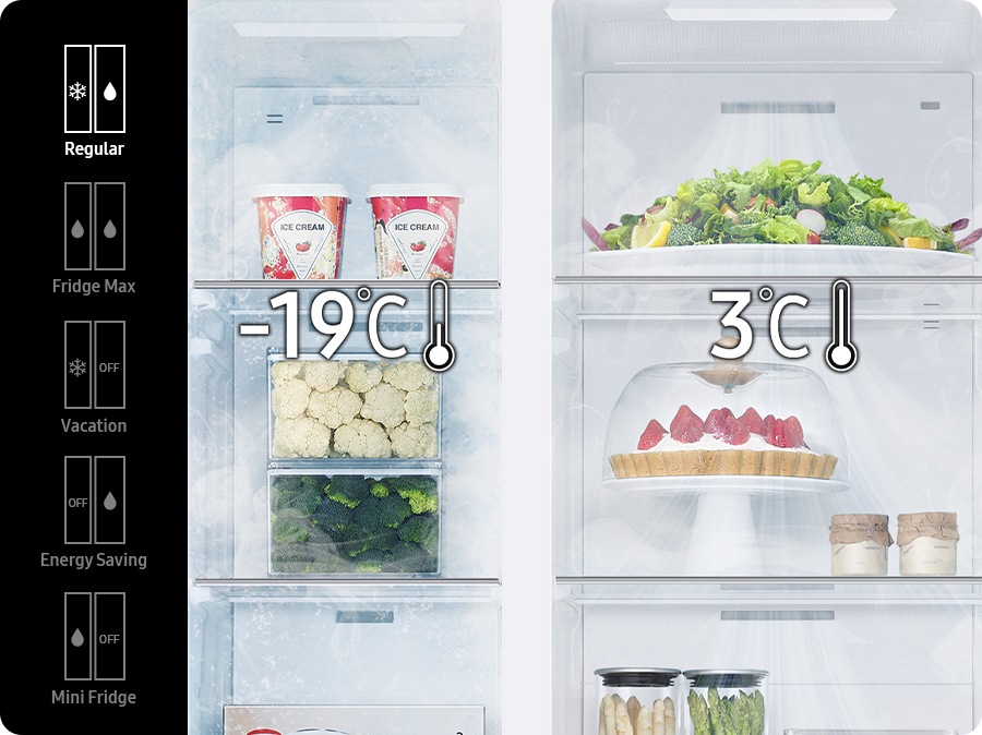 Regular(-19℃ in freezer, 3℃ in fridge), Fridge Max(3℃ in freezer, 3℃ in fridge), Vacation(-19℃ in freezer, fridge off), Energy Saving(freezer off, 3℃ in fridge), and Mini Fridge(3℃ in freezer, off fridge) modes are available with the buttons inside the refrigerator.