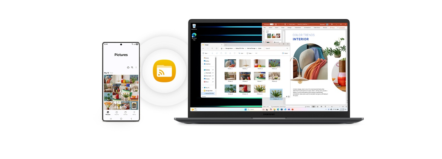 Galaxy Book5 and Galaxy S25 Ultra placed next to each other and Storage Share icon shown. Images stored on Galaxy S25 Ultra are accessed on Galaxy Book5 via Storage Share and one of the images is imported into a presentation file.