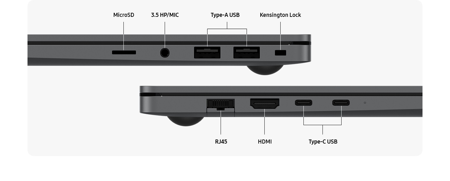 Two Gray Galaxy Book5 devices are set to highlight the port layout. Ports are labeled MICRO SD. 3.5 HP/MIC. TYPE-A USB. Kensington Lock. RJ45. HDMI. Type-C USB.