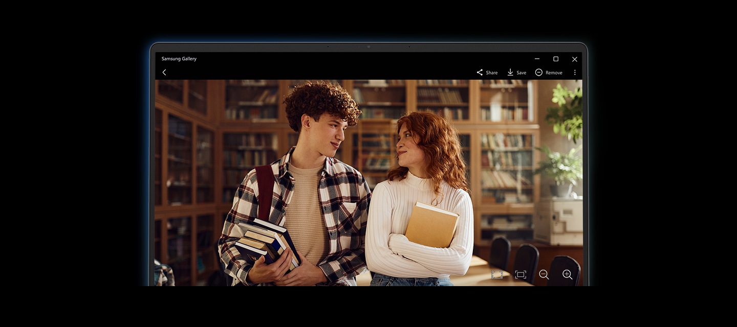 An image of a man and a woman smiling at each other is open in Samsung Gallery app on Galaxy Book5 after being remastered with Photo Remaster. The image is bright with sharp details and enhanced quality.