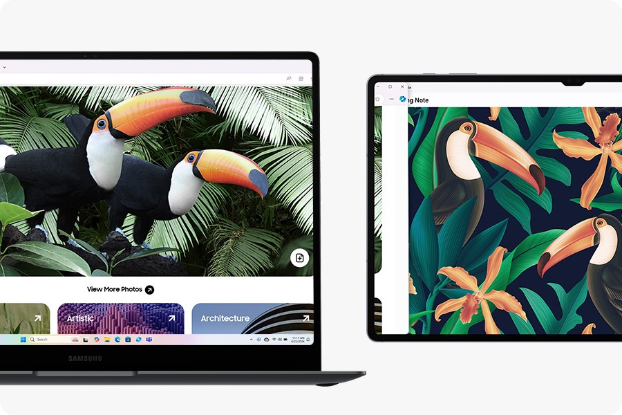 Una página web y una nota de la app de Notas de Samsung están abiertos en el laptop de samsung Galaxy Book5 Pro y la pantalla se extiende en una Galaxy Tab S10 Ultra en modo horizontal para acentuar la experiencia de monitor dual con Second Screen.