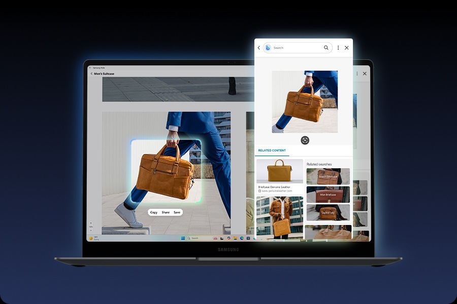Se muestra una maleta marrón trazada en la pantalla del portátil Galaxy Book5 Pro usando AI Select. Se muestran los resultados de la búsqueda con contenido relevante en la pantalla.