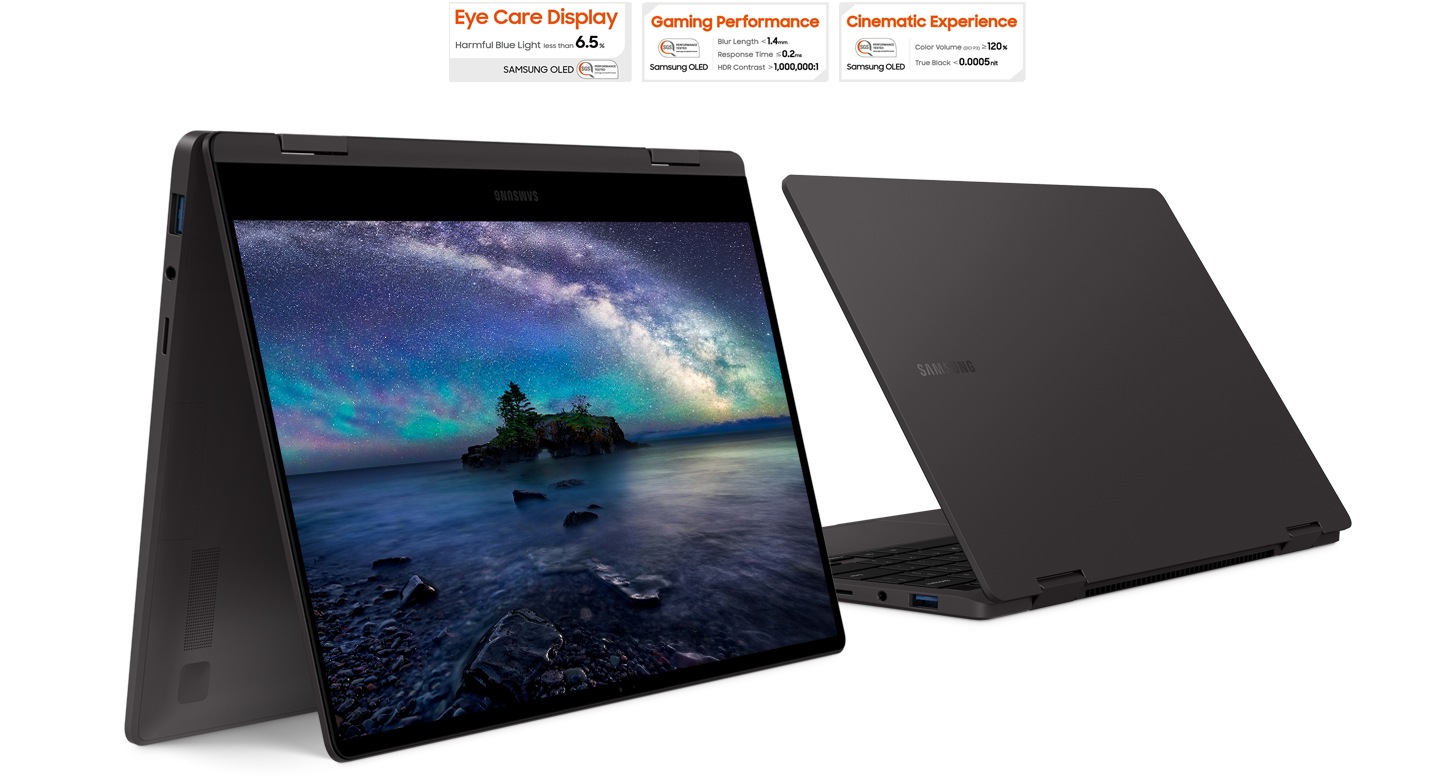Vista de dois dispositivos Galaxy Book2 360 prateados lado a lado. Um fica de pé, colocado como uma tenda em uma ilha e um céu colorido. O outro está semiaberto, com as costas voltadas para frente. Acima da tela existem 3 certificações SGS. A certificação Eye Care Display possui o texto Harmful Blue Light inferior a 6,5%. A certificação de desempenho em jogos tem texto Blur Length, Response Time e HDR Contrast inferiores a 1,4 mm, 0,2 ms e mais de 1.000.000:1 cada. A certificação Cinematic Experience possui o texto Color Volume maior que 120% e True Black menor que 0,0005nit.