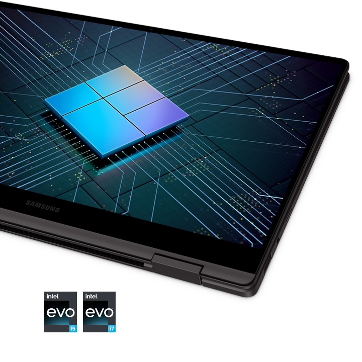 Galaxy Book2 360, prateado, dobrado como um tablet. Na tela há um chipset com linhas que se estendem em todas as direções para representar circuitos. Abaixo do PC há dois logotipos de certificação Intel® Evo™ com processador Core™ i5 e i7, respectivamente.