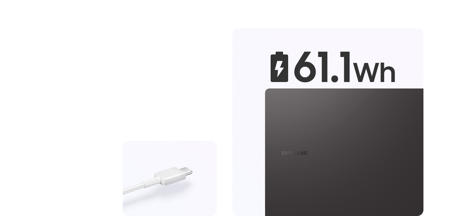 Um cabo USB Tipo C branco é mostrado à esquerda e a parte superior do Silver Galaxy Book2 360 está à direita com o logotipo da Samsung voltado para a frente. No PC há um símbolo de carga da bateria próximo ao texto: 61,1Wh