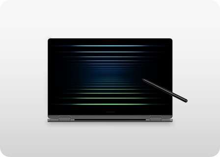 Galaxy Book5 360 en Gray plegado hacia atrás con la pantalla orientada hacia fuera con un fondo de pantalla oscuro y un S Pen tocando la pantalla.
