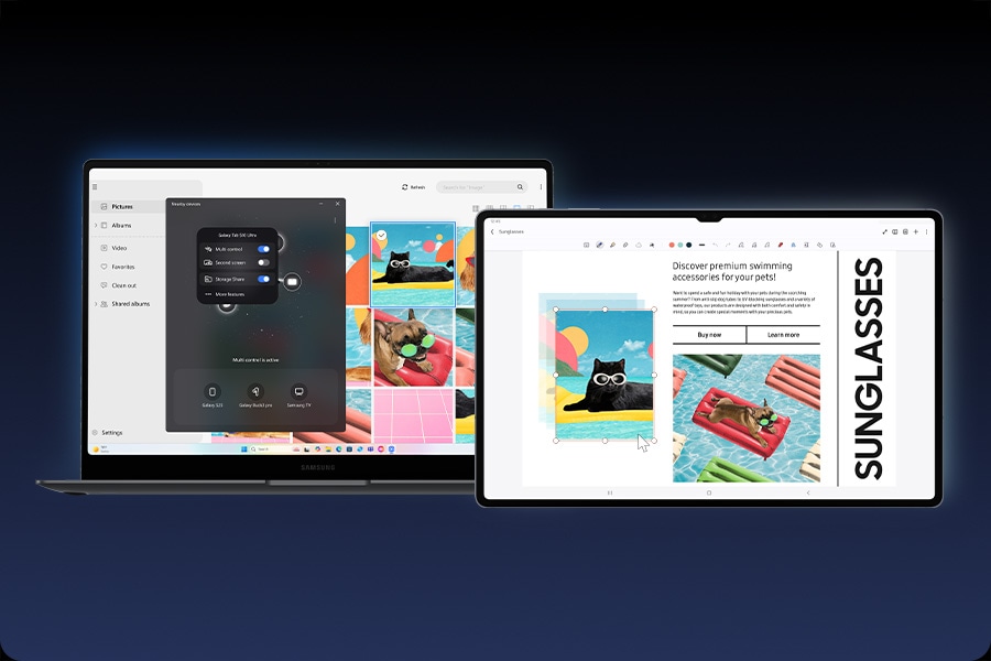 Galaxy Book5 Pro y Galaxy Tab S10 Ultra colocados uno al lado del otro y emparejados a través del menú de Dispositivos cercanos en la pantalla del portátil. Multi Control se utiliza entre los dispositivos para copiar una imagen del Galaxy Book5 Pro y pegarla en una nota abierta en la aplicación Samsung Notes en el Galaxy Tab S10 Ultra.