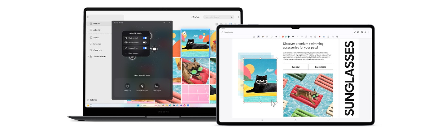 Galaxy Book5 Pro y Galaxy Tab S10 Ultra colocados uno al lado del otro y emparejados a través del menú de Dispositivos cercanos en la pantalla del portátil. Multi Control se utiliza entre los dispositivos para copiar una imagen del Galaxy Book5 Pro y pegarla en una nota abierta en la aplicación Samsung Notes en el Galaxy Tab S10 Ultra.