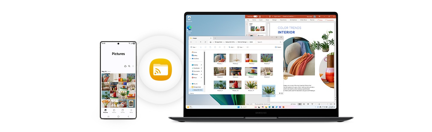 Galaxy Book5 Pro y Galaxy S25 Ultra colocados uno al lado del otro y se muestra el ícono Storage Share. Se accede a las imágenes almacenadas en el Galaxy S25 Ultra en el Galaxy Book5 Pro a través de Storage Share y una de las imágenes se importa a un archivo de presentación.