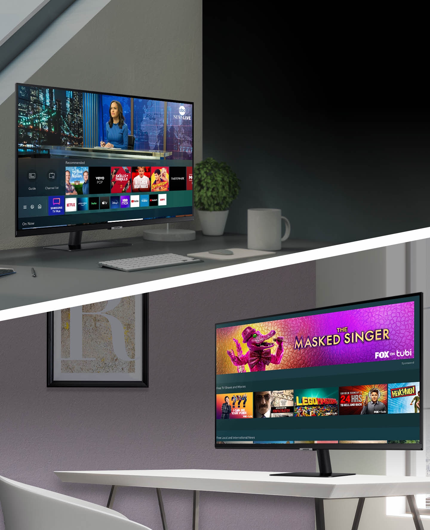 La aplicación Samsung TV Plus se ejecuta en el monitor superior y la Guía universal se ejecuta en el monitor inferior.
