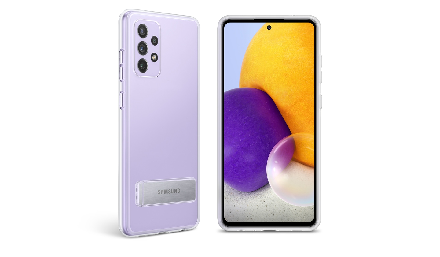 Rear tilted violet Galaxy A72 with Clear Standing Cover stands up on the left side, and front view of the other one stands up on the right, showing on-screen of the device