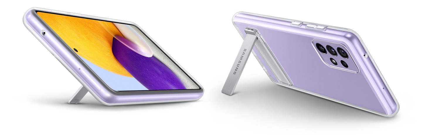 Kickstand supports it, so two violet Galaxy A72 with Clear Standing Cover can stand. Front tilted one is standing, showing on-screen of the device. Rear view of the other device is standing.