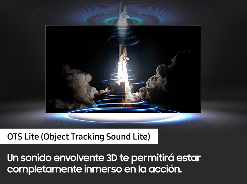 Un TV Samsung con una imagen de un cohete despegando, mostrando la tecnología OTS Lite