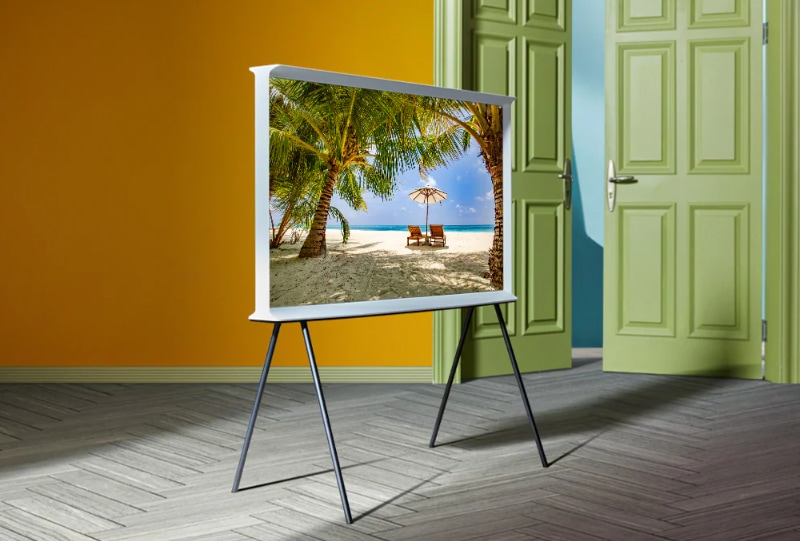 SAMSUNG Serie The Serif LS01B de 43 pulgadas - QLED 4K, diseño en forma de  I, pantalla mate antirreflejo, caballete portátil, soporte, modo ambiente+