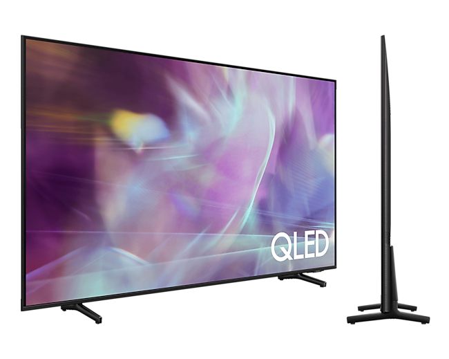 Televisor Samsung QLED Q60A de frente y de perfil que destaca su diseño delgado y sencillo.