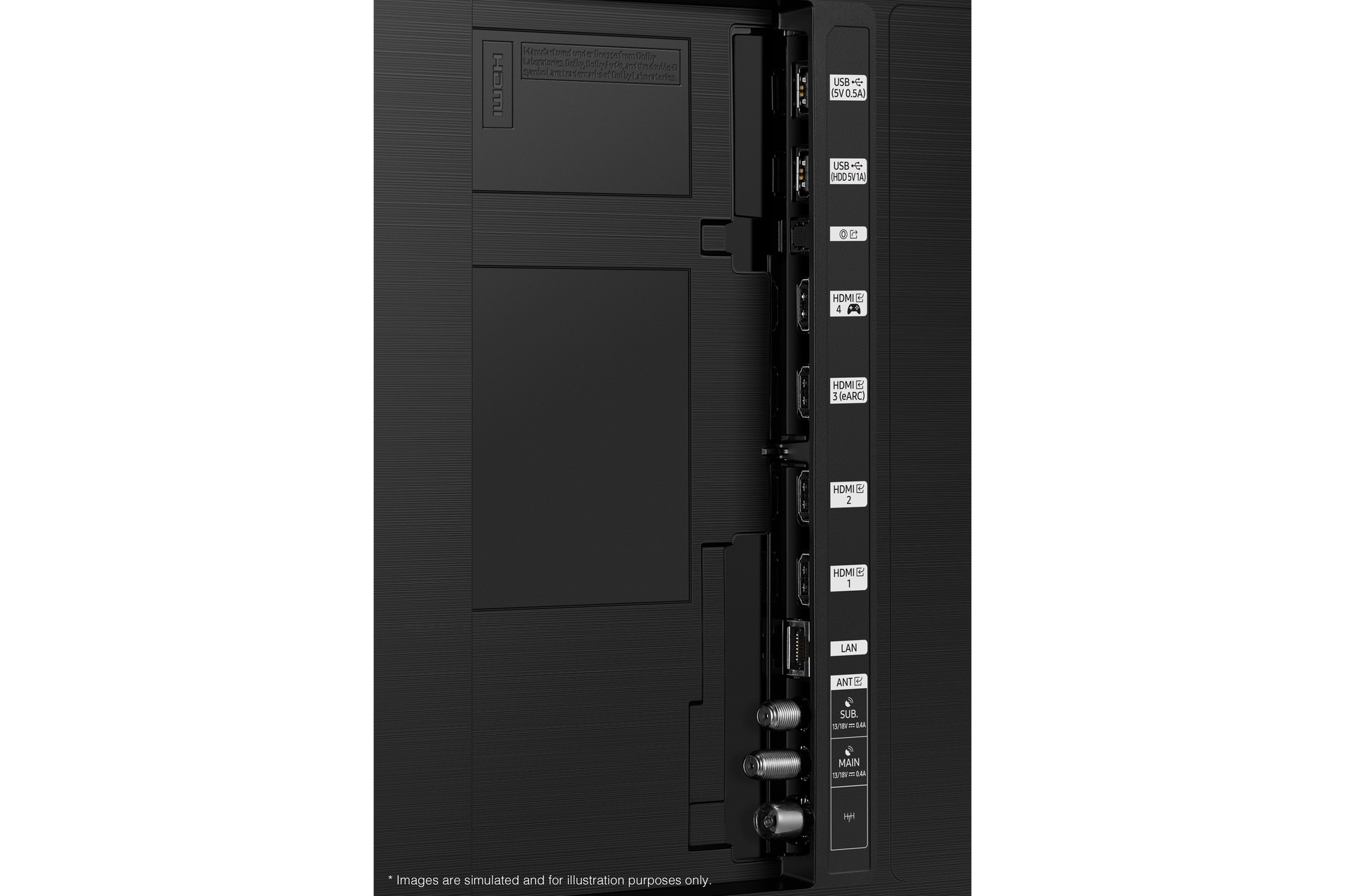 Parte trasera del TV Q70 que muestra todos los accesos de conexión para USB, HDMI, Lan y más. 