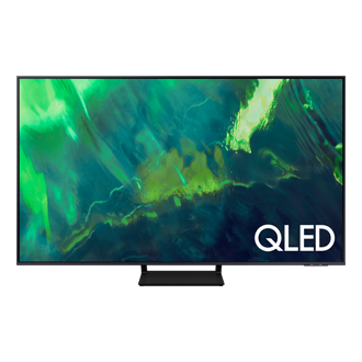 Televisor Samsung Qled Q70 de frente y en lateral que destaca su diseño delgado y elegante.