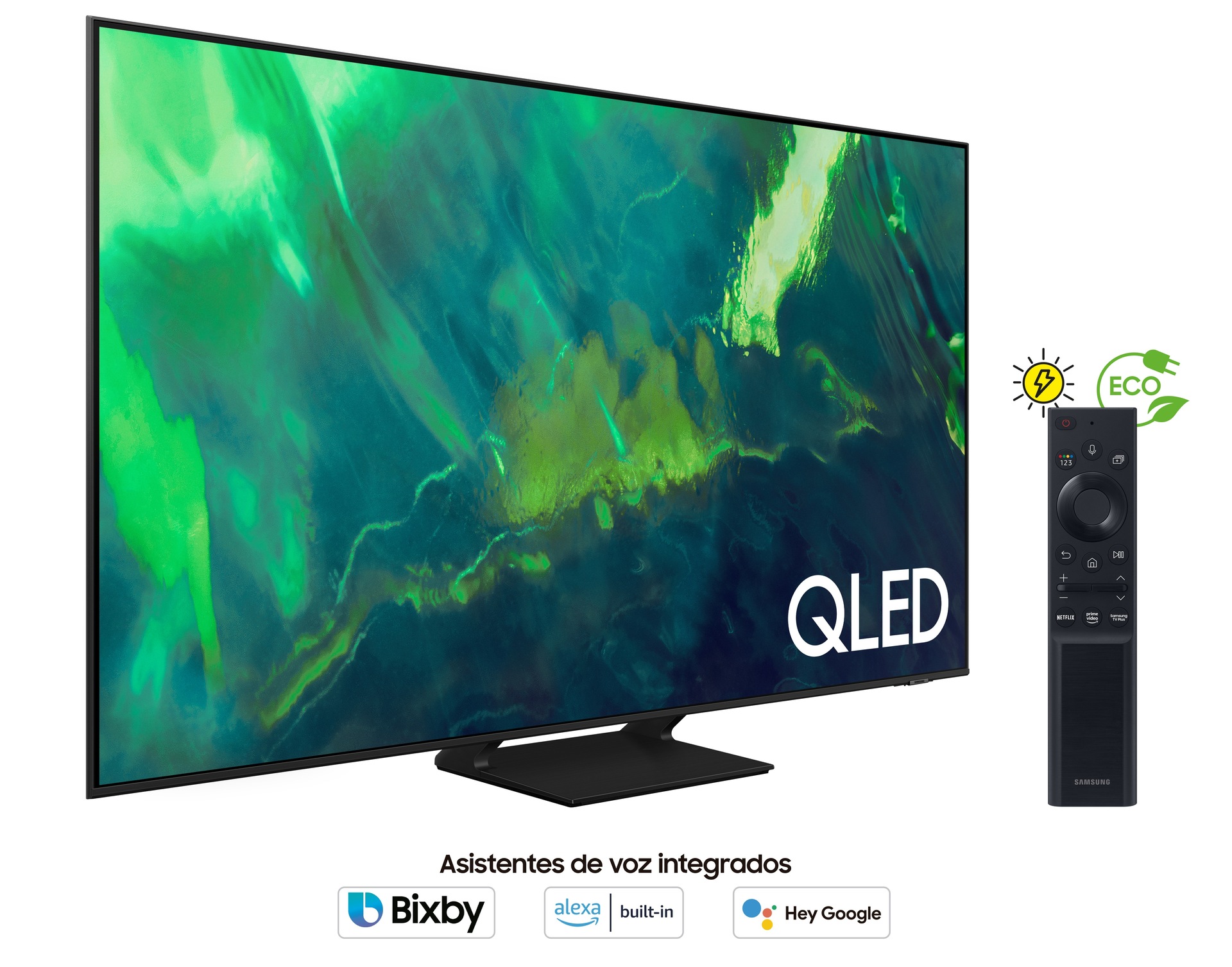 Smart TV Samsung Qled Q70 con asistentes de voz integrados junto a su mando a distancia ecológico