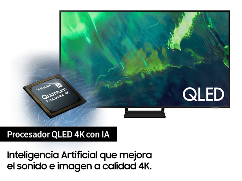 Pantalla del Smart TV Qled junto al procesador Quantum 4K con Inteligencia Artificial que mejora el sonido e imagen