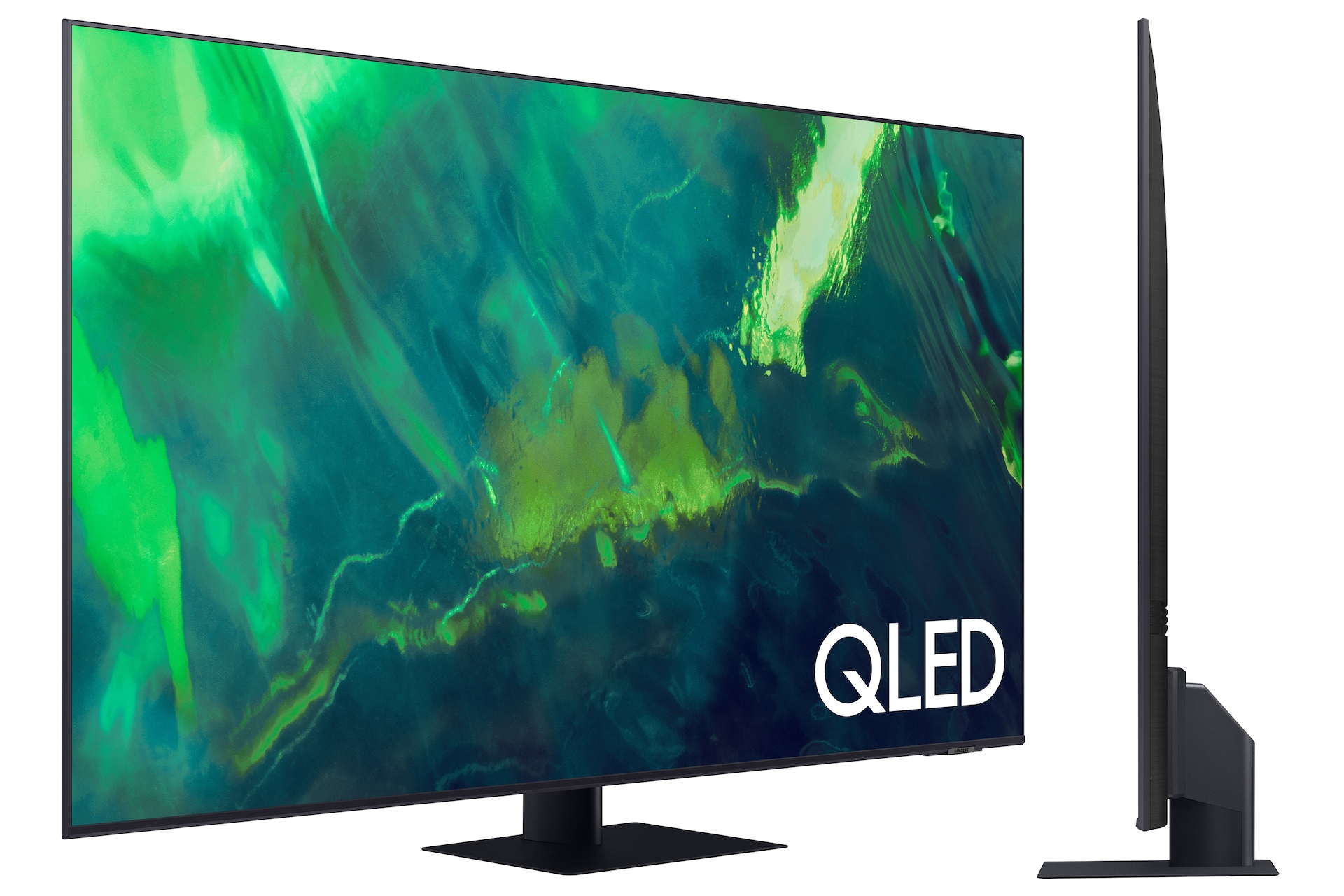 Televisor Samsung Qled Q75A de frente y en lateral que destaca su diseño delgado y elegante.