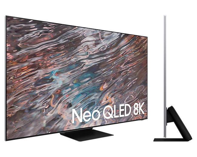 Televisor Samsung Neo Qled junto a su soporte ultra delgado