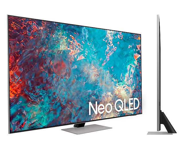 Televisor Samsung Neo QLED QN85 de frente y en lateral que destaca su diseño delgado, elegante y sencillo.