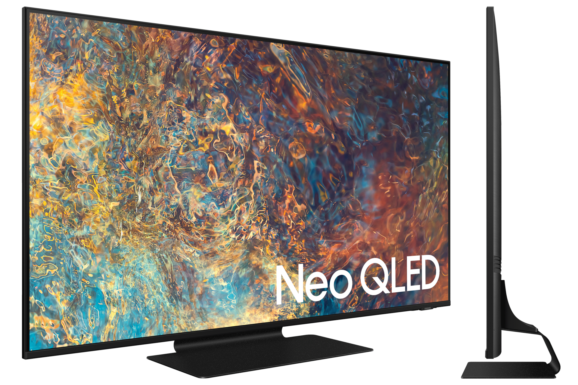 Smart TV Samsung Qled QN90 de frente y de lateral que muestra su delgado y elegante diseño