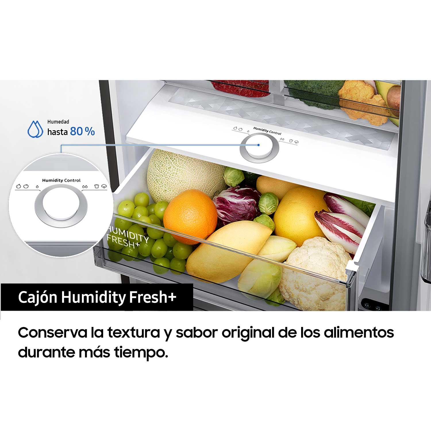 Cajón Humidity Fresh Plus de la nevera Bespoke RB34A7B5DS9/EF con verduras y frutas frescas. Grafismo amplia el controlador de humedad