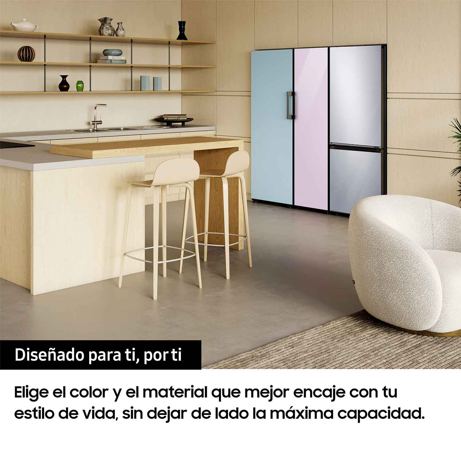 Tres neveras Bespoke en distintos colores, lado a lado en una cocina de diseño moderno