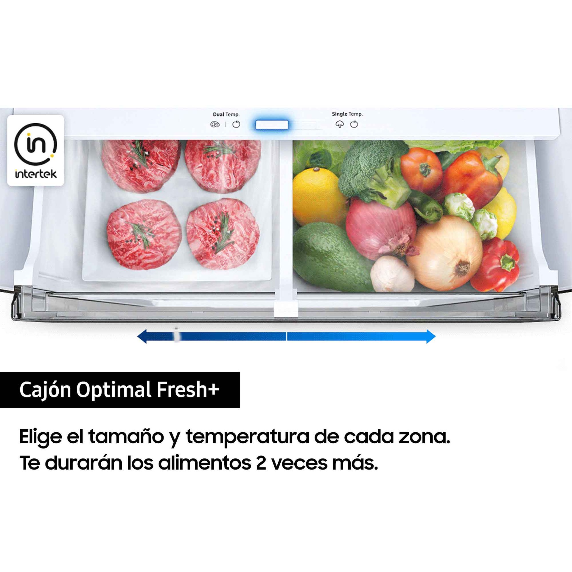  Cajón Optimal Fresh Plus de la nevera Bespoke RB34A7B5E22/EF con hamburguesas y vegetales frescos.