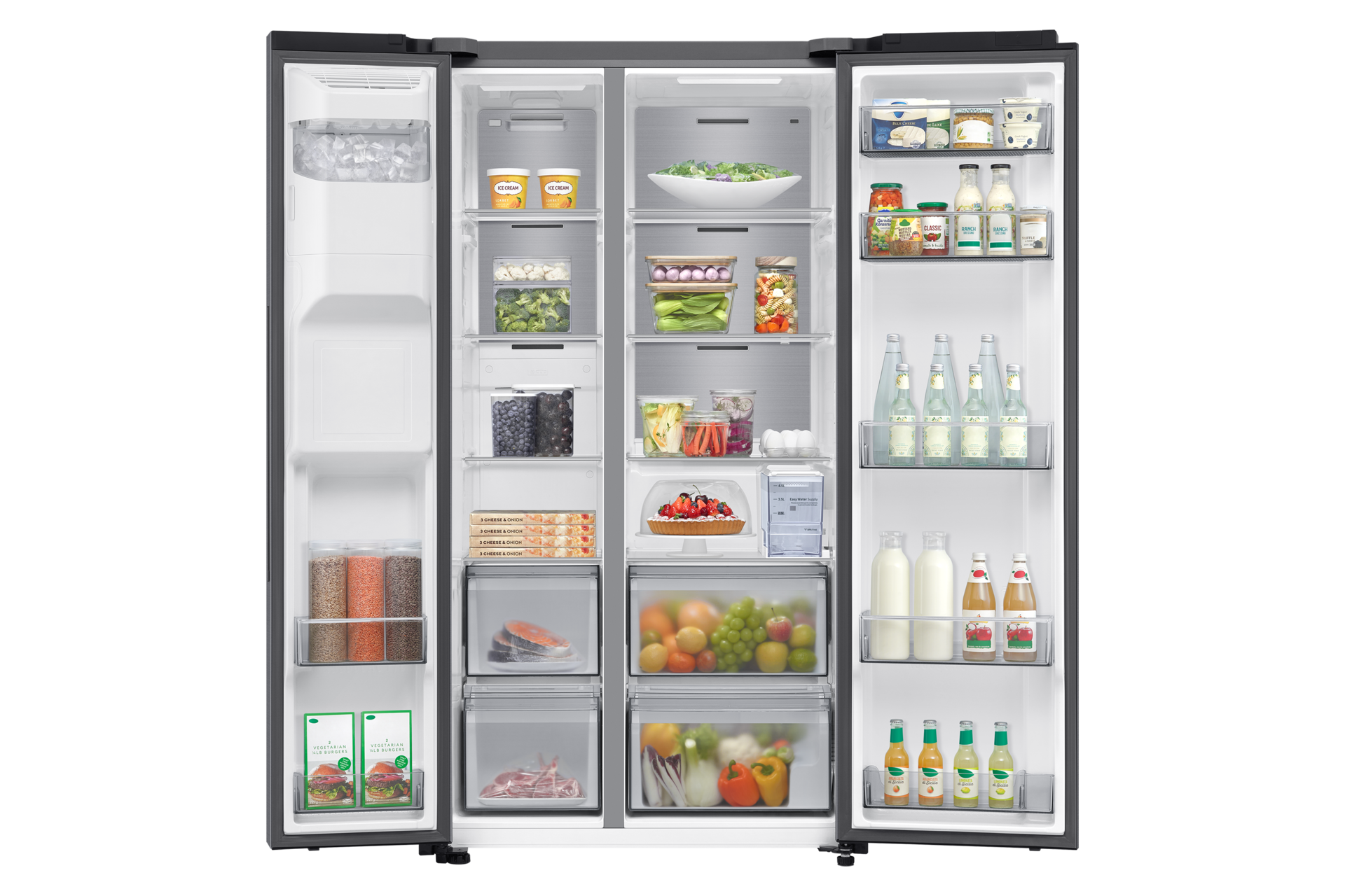 Frigorífico Americano Bespoke AI 178cm 640L Clase D Inox RS70F65KDTEF Front-Open-With-food Silver 