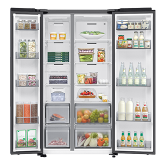 Frigorífico Americano Bespoke AI 178cm 659L Clase E Inox RS70F65QETEF Front-Open-With-food Silver 