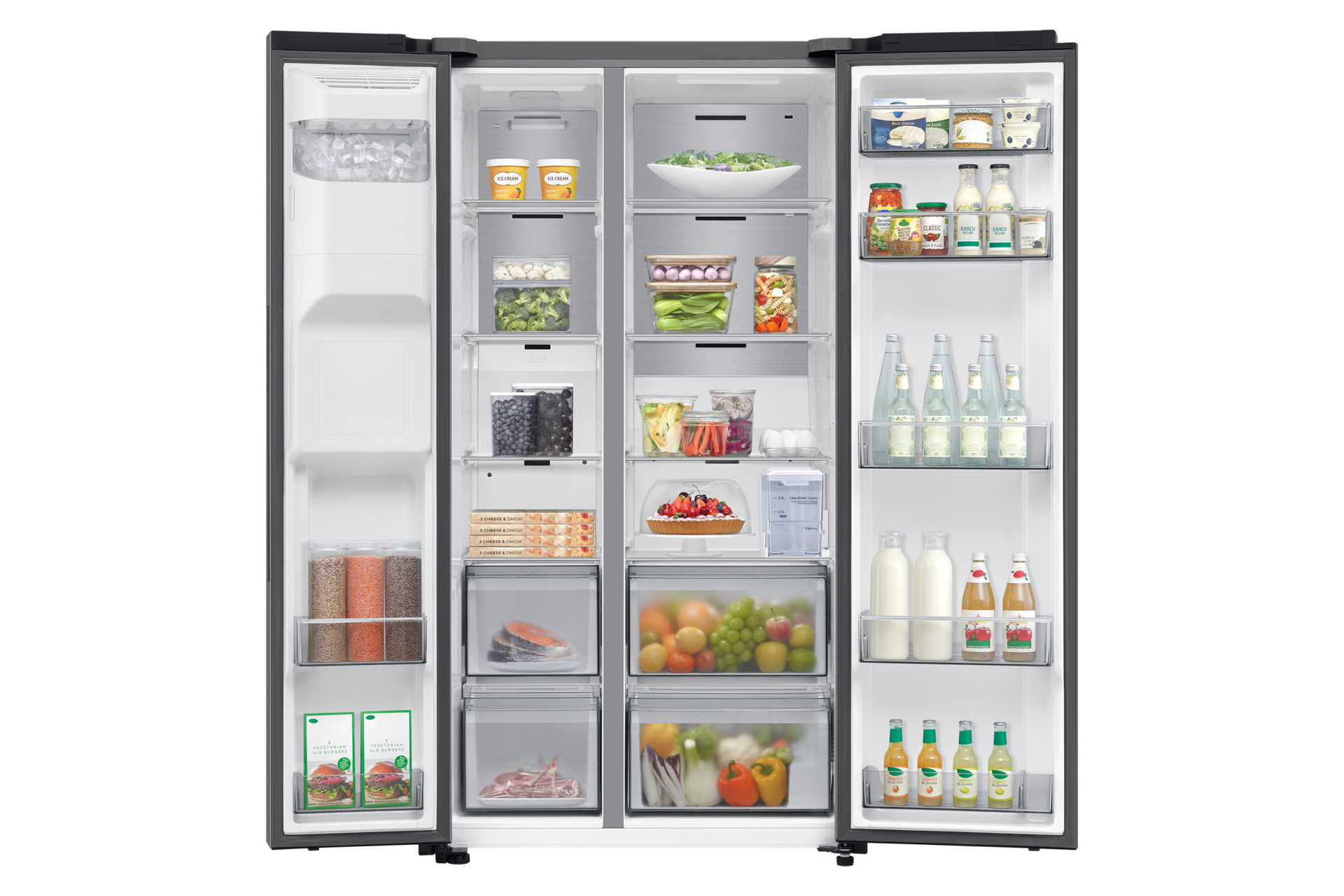 Frigorífico Americano Bespoke AI 178cm 634L Clase C Inox RS70F67KCTEF Front-Open-With-food Silver 