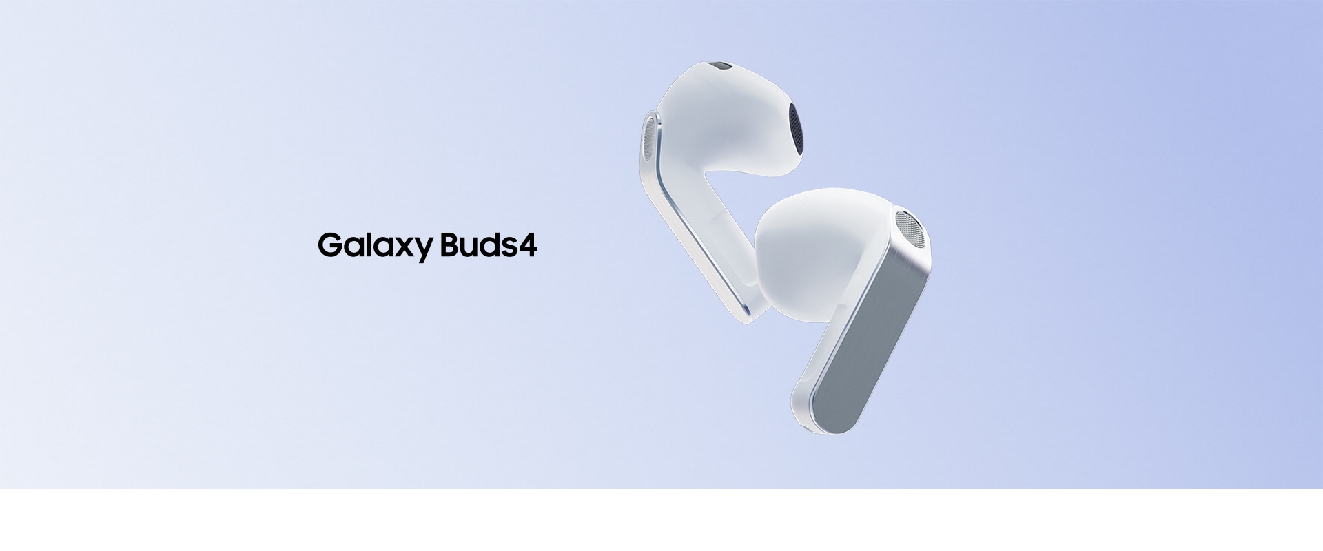 Galaxy Buds4 con los auriculares izquierdo y derecho ligeramente inclinados diagonalmente.