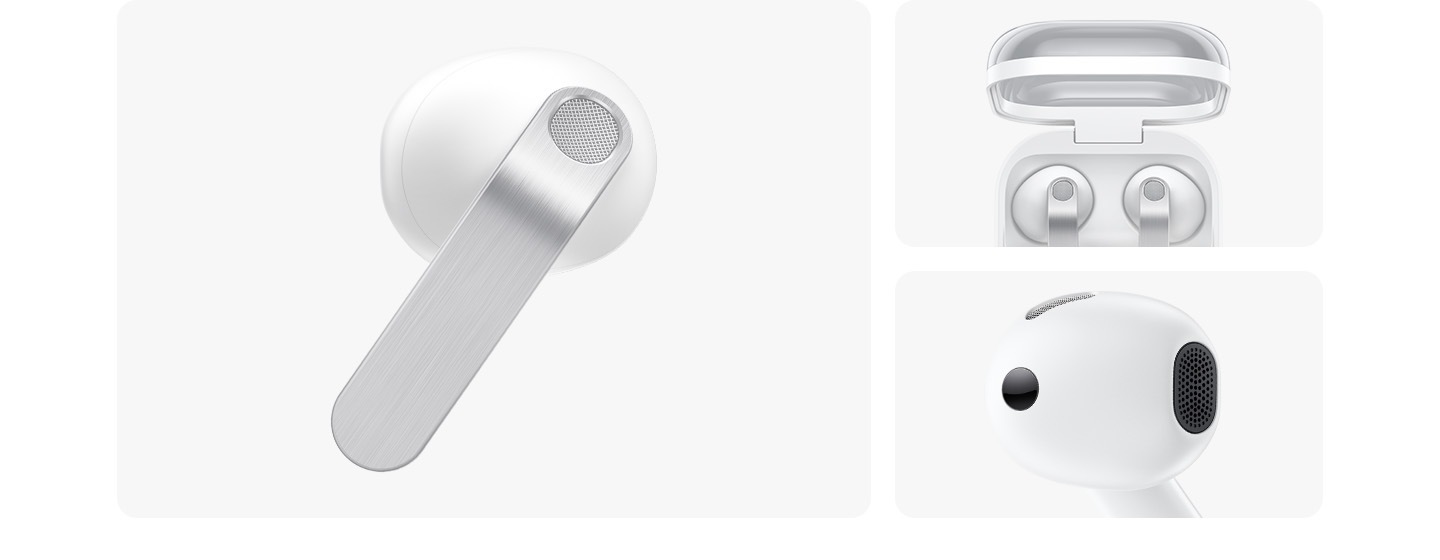 A la izquierda hay un solo Galaxy Buds4 blanco, con énfasis en la cuchilla de metal real. En la parte superior derecha hay un par de Galaxy Buds4 blancos acoplados en la Caja de carga con la tapa abierta. En la parte inferior derecha hay una toma en primer plano de un solo auricular Galaxy Buds4 blanco.