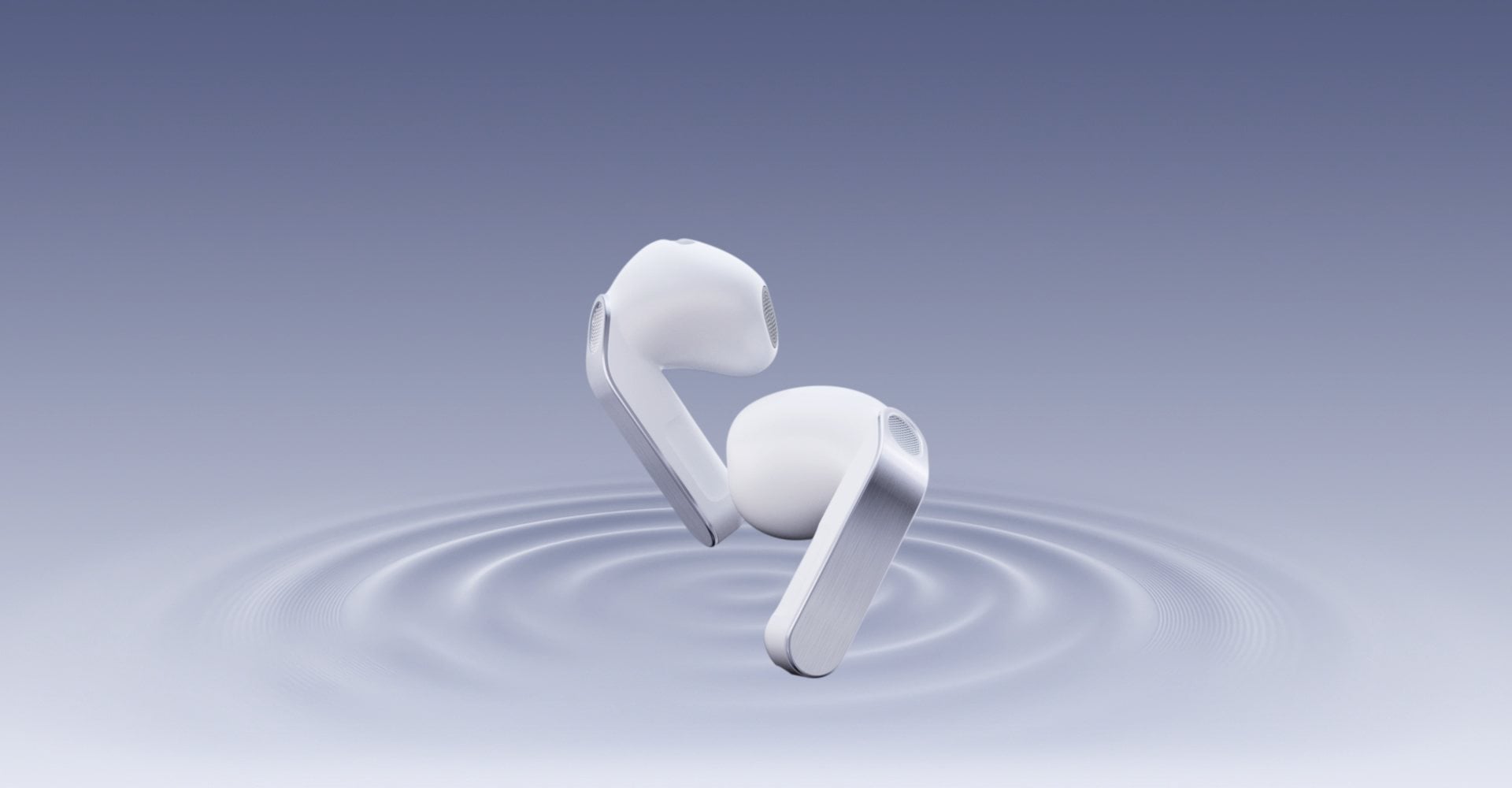Los componentes de los Galaxy Buds4, incluyendo el woofer, aparecen uno tras otro. Los componentes se ensamblan en un auricular. El auricular terminado se tuerce y se coloca junto al auricular izquierdo.