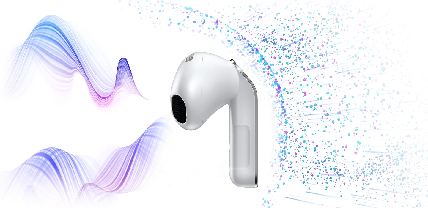 Un auricular Galaxy Buds4 blanco. Un flujo de líneas fluye hacia el auricular desde la izquierda. A la derecha hay múltiples puntos que están completamente separados del flujo de líneas, indicando la función de cancelación activa de ruido.