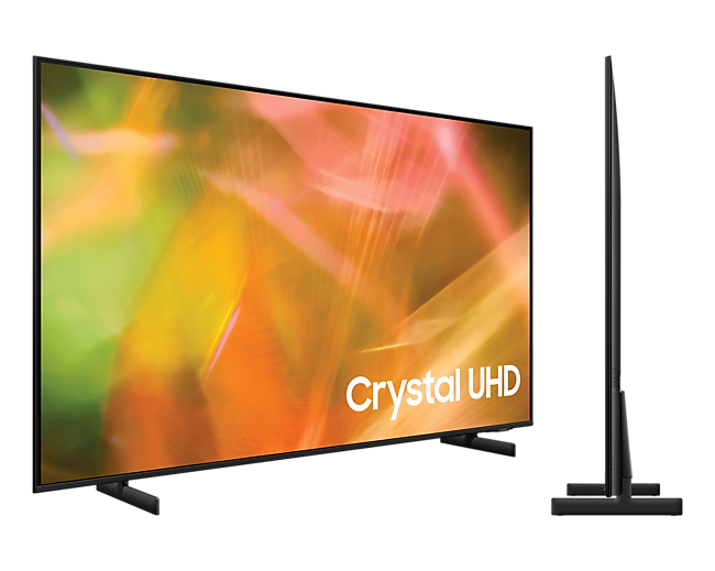 Dos imágenes del televisor Samsung Crystal UHD, una ligeramente ladeada y otra totalmente de lado mostrando su diseño fino