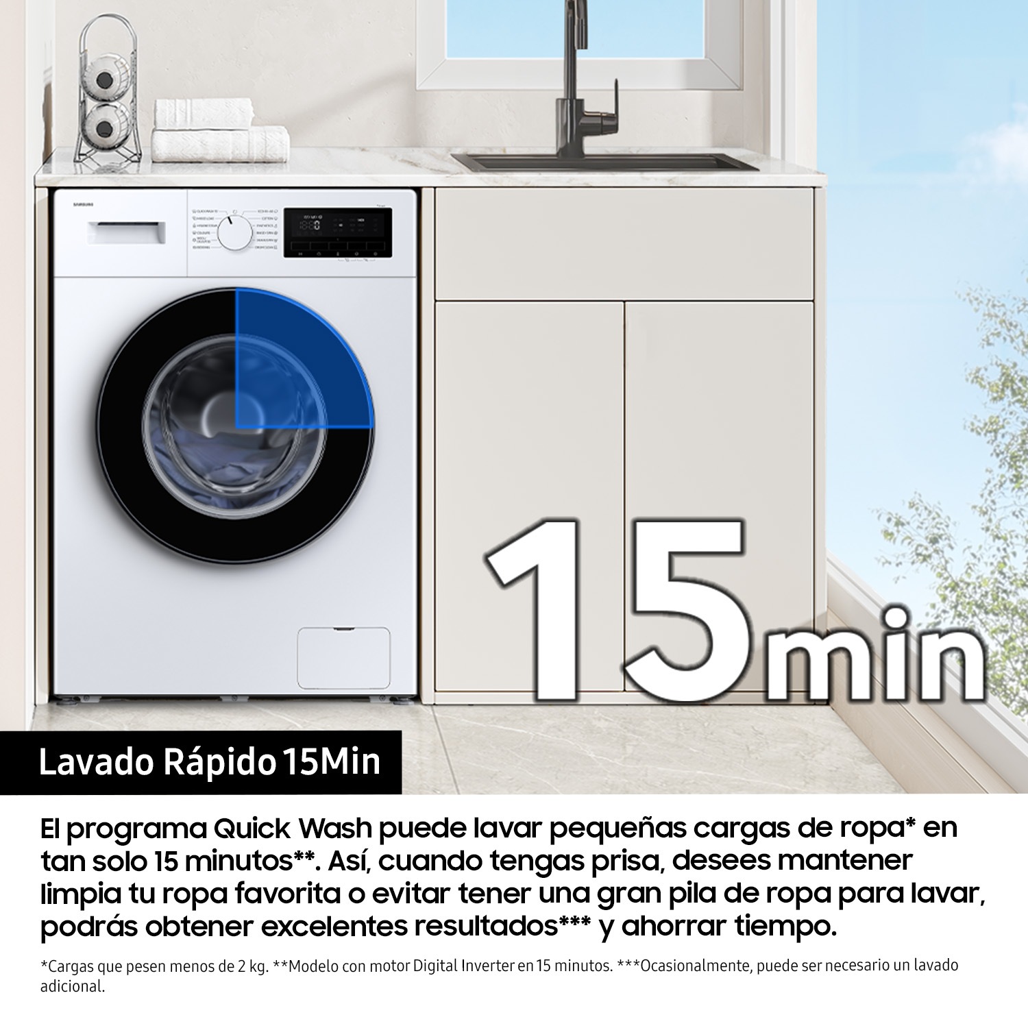 Lavadora con fondo reducido 9kg Motor Digital Inverter Clase A Blanca WW90FG3M05TWEC Blanco