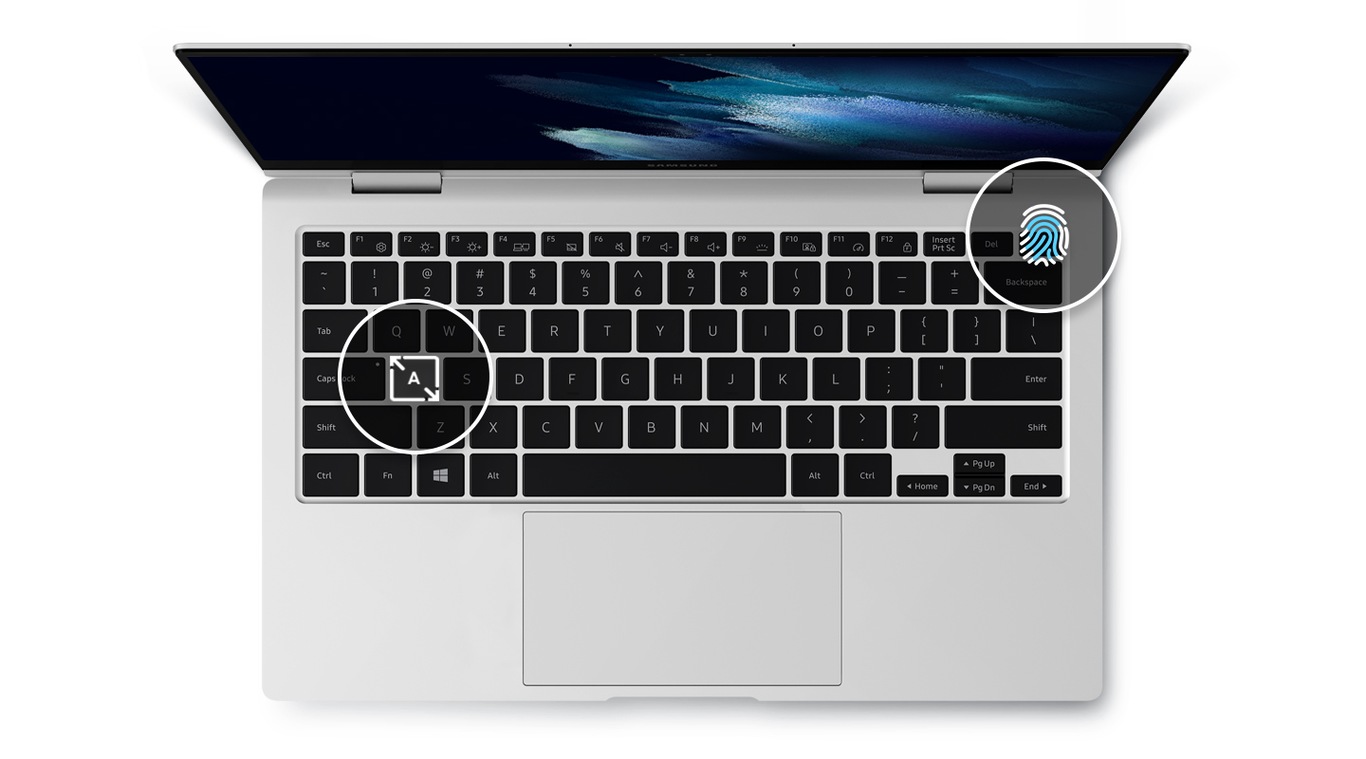Galaxy Book Pro 360:n näppäimistö ja sormenjälkikuvake, jossa biometrinen tunnistin näkyy yksityiskohtaisesti. Kosketuslevyn ympärillä on nuolia ulospäin havainnollistamassa kosketuslevyn suurempaa kokoa. Näytön yläpuolella on sormenjäljen ja leveiden näppäinten kuvakkeet.