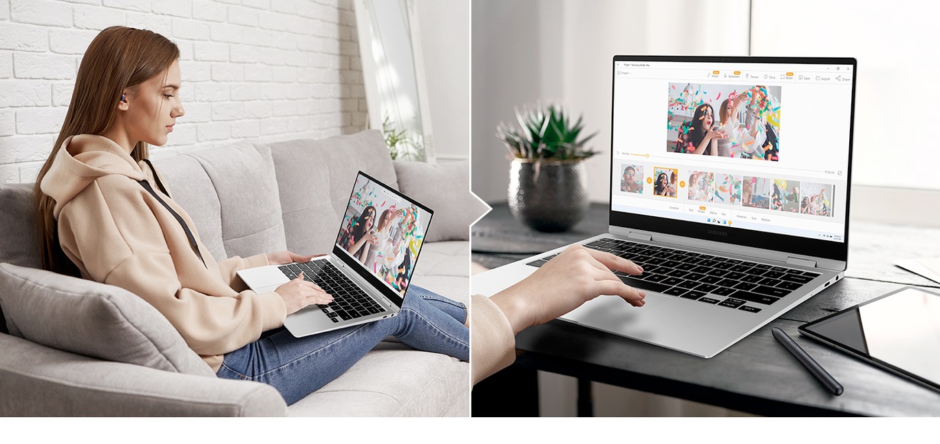Kaksi kuvaa näkyy rinnakkain. Ensimmäisessä nainen istuu sohvalla olohuoneessaan ja katsoo Screen Recorderin avulla juhlasta kuvattua videota. Toisessa kuvassa näkyy helppo editointiprosessi Studio Plus -sovelluksella.
