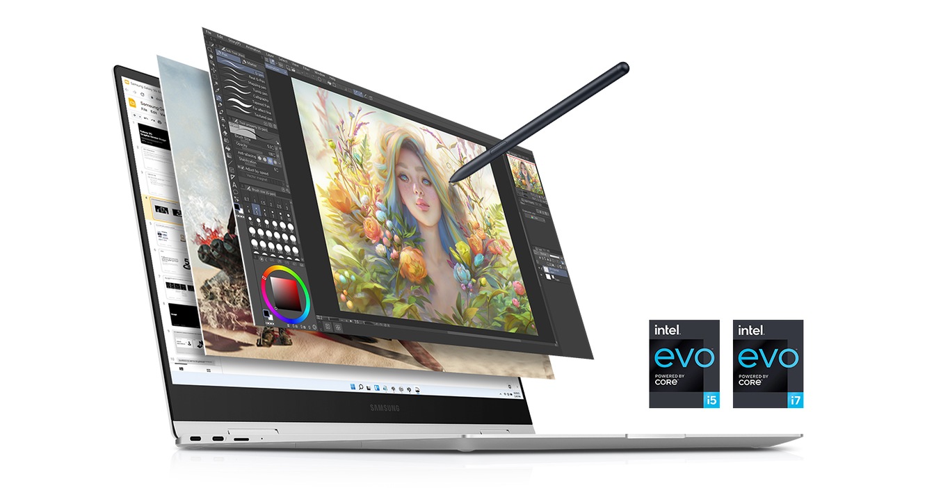 Kannettavan tietokoneen näytöllä on useita kuvia, joista päällimmäisenä on Photoshop. Näkyvissä on myös S Pen. Näytön sisemmissä kuvissa näkyy pelejä ja ohjelmointia. Kaksi etikettiä, joissa lukee Intel evo i5 ja Intel EVO i7.