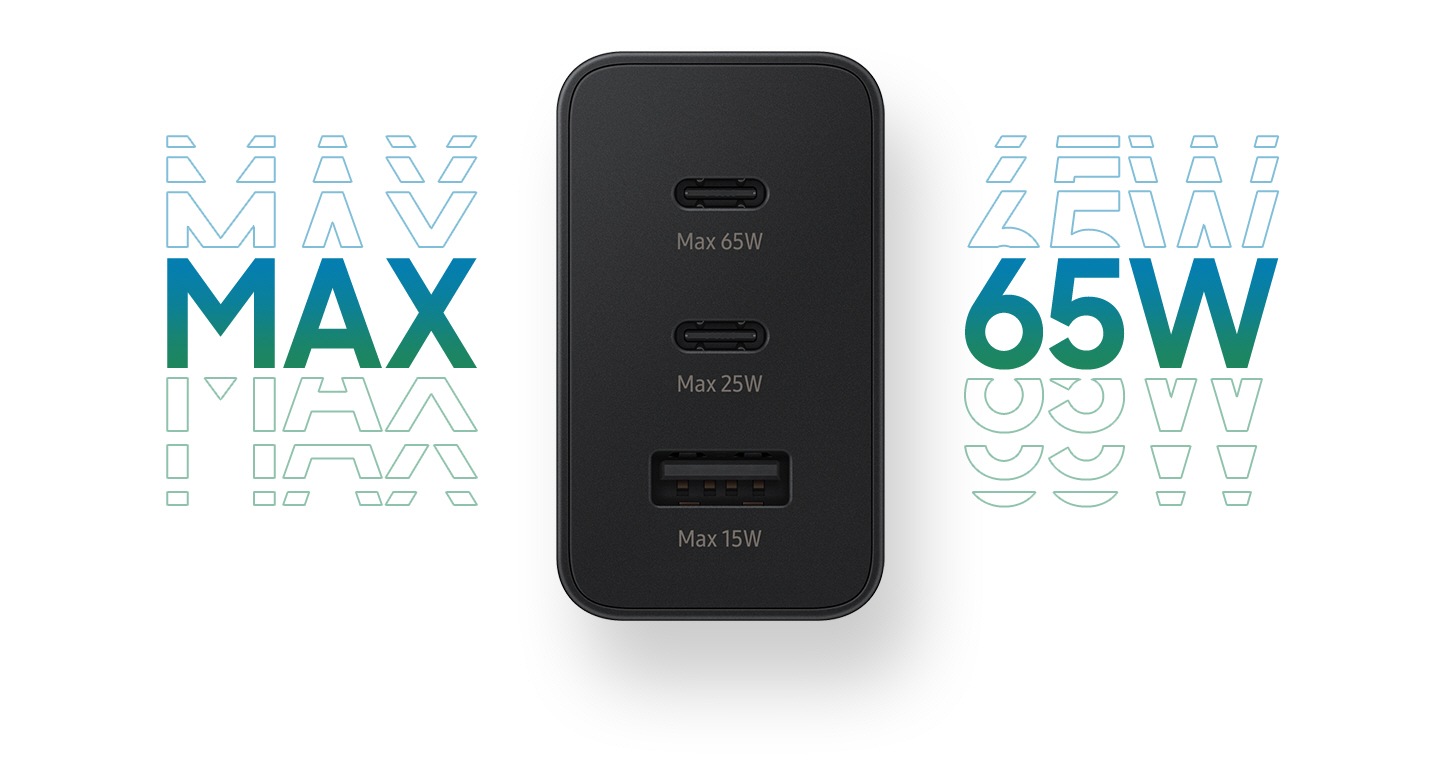На задней стороне крупным планом показаны зарядные устройства с тремя портами: два USB C, один с надписью Max 65W внизу, другой с надписью Max 25W и один порт USB A с надписью Max 15W. Слова «Макс. 65 Вт» написаны крупным сине-зеленым шрифтом слева и справа от адаптера.