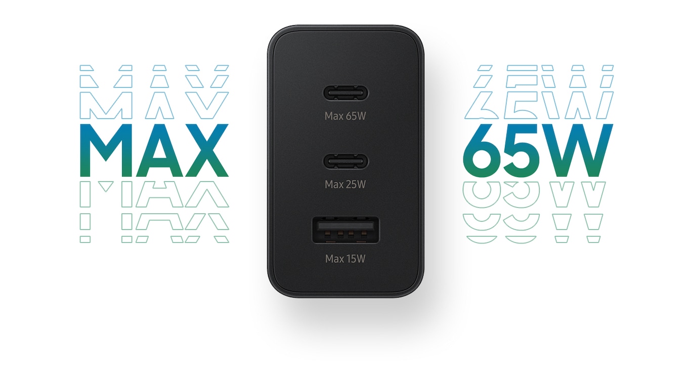 U krupnom planu se nalazi stražnja strana punjača, s tri priključka: dva USB C, jedan s natpisom Max 65W ispod, drugi s riječima Max 25W i jedan USB A-port s natpisom Max 15W.  Riječi Max 65W su velikim plavim i zelenim fontom lijevo i desno od adaptera.